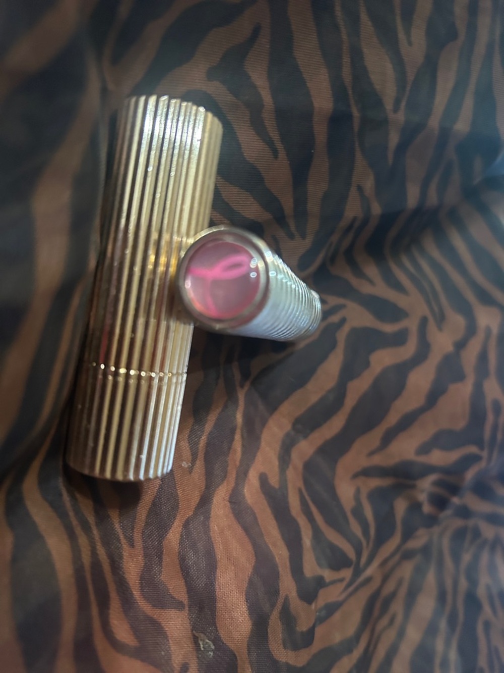 Silver Ribbed Lipstick Tube with Pink Cap Accent